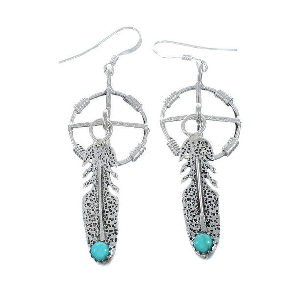 Navajo Sterling Silver Turquoise Medicine Wheel Feather Post Dangle Earrings NN20309